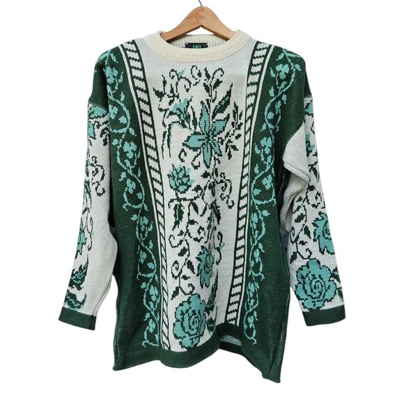 Emerald Isle Womans Tunic Sweater Made In Ireland Size Med Green Floral - Picture 1 of 8